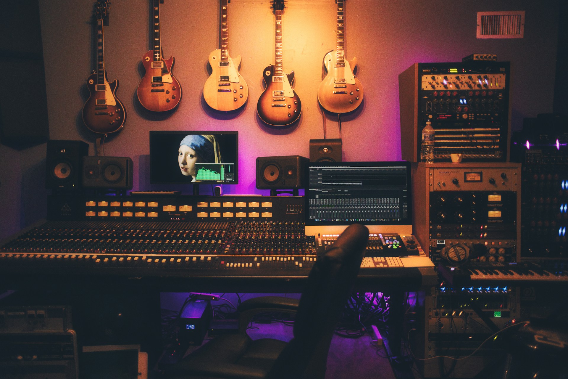 Close-up of studio microphone in darkness