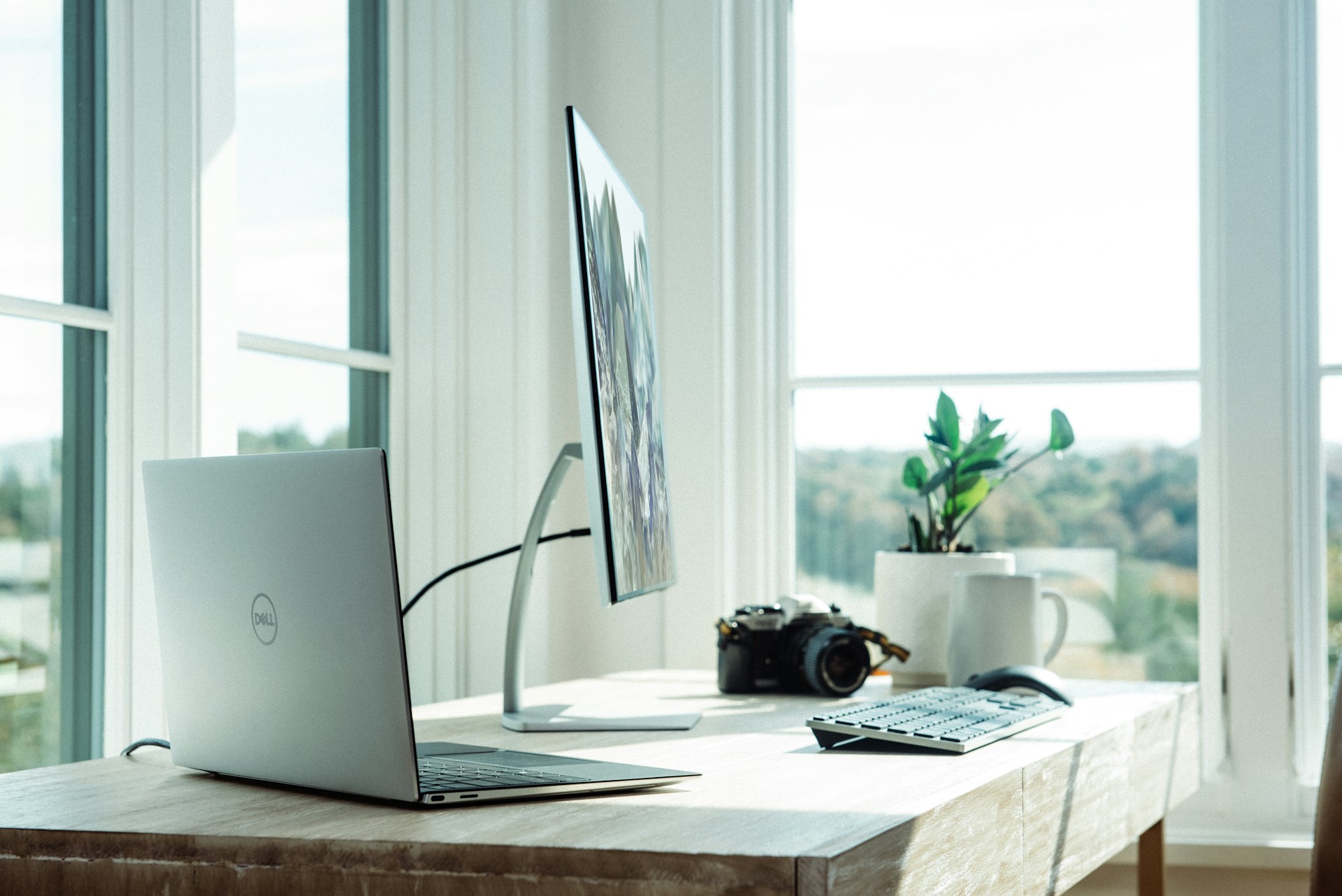 Clean home office desk with laptop, monitor and plant by window