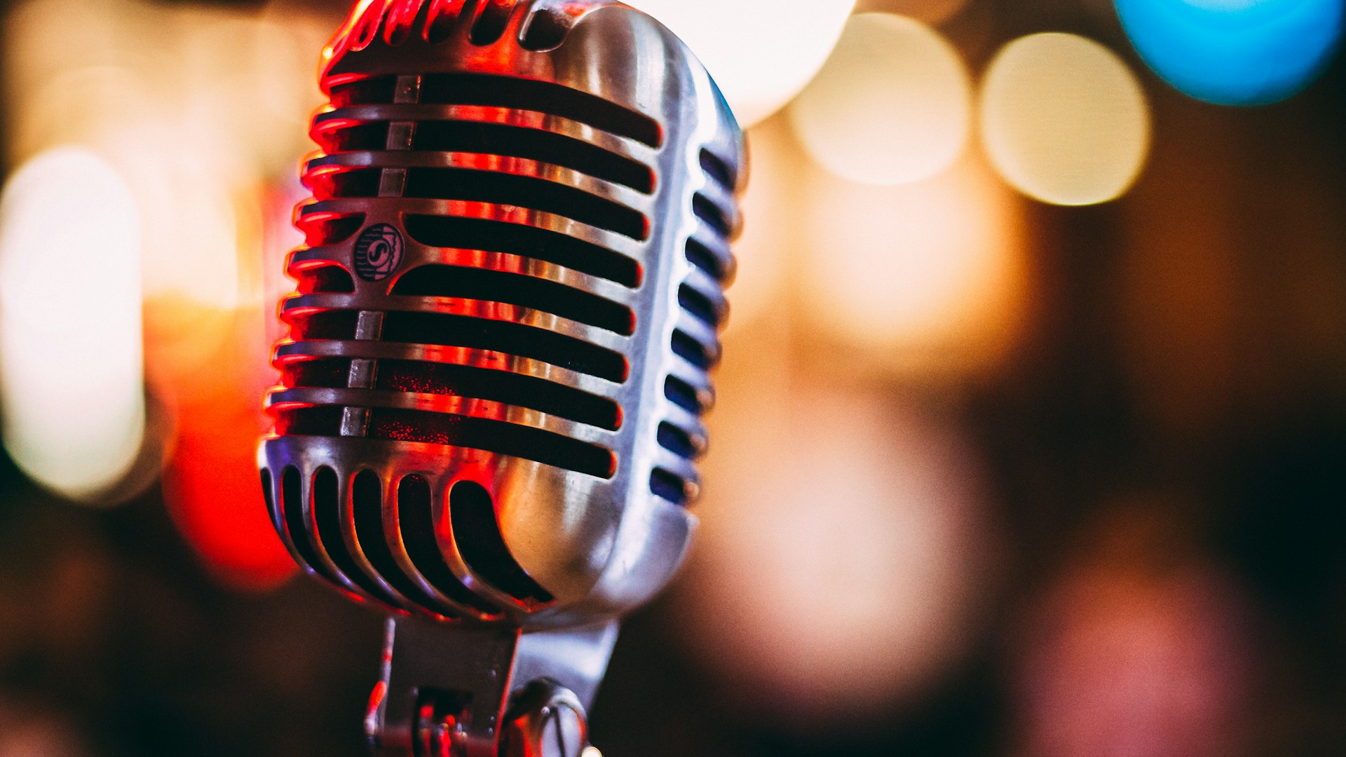 Close-up of professional condenser microphone in recording studio