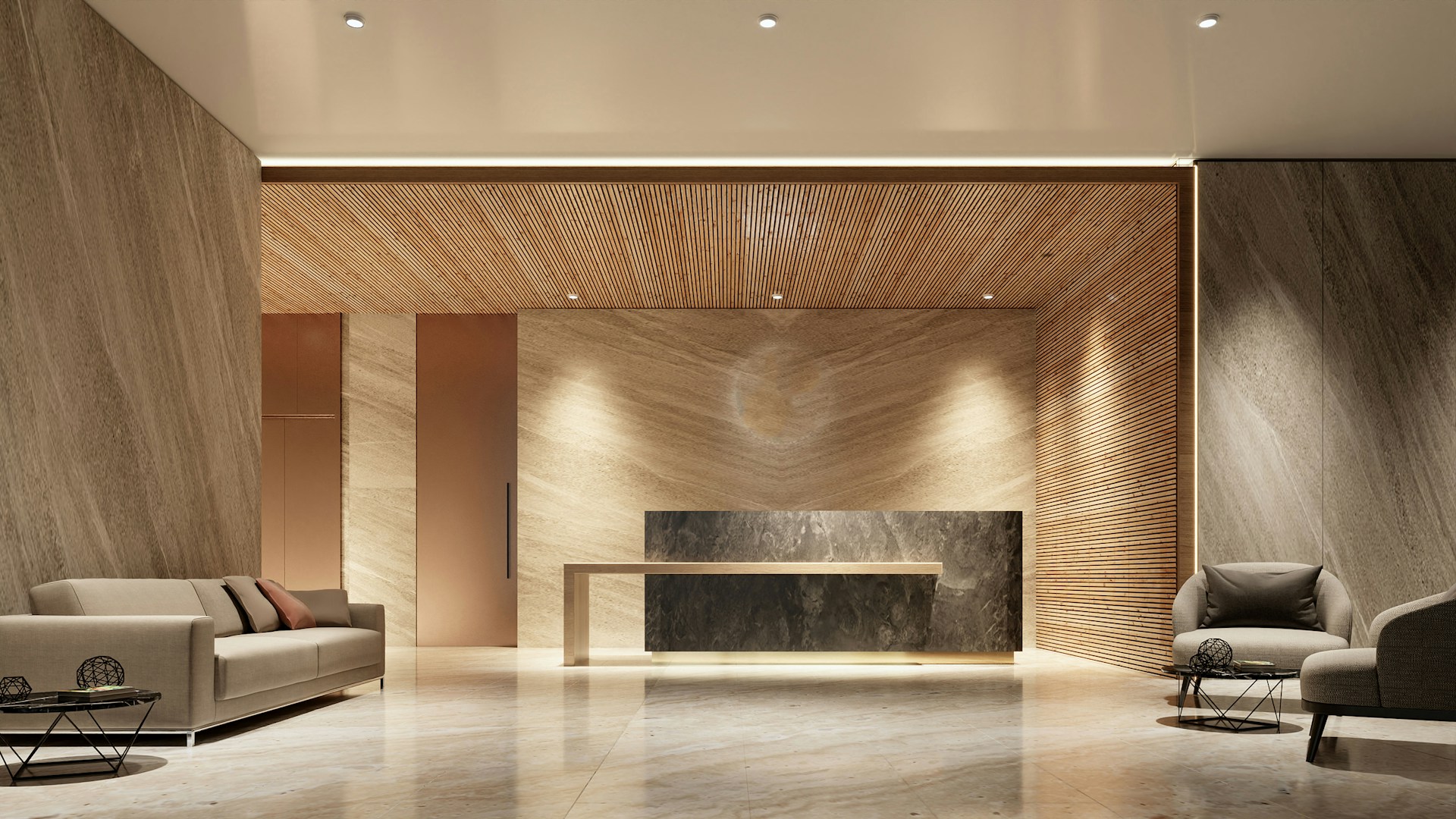 Modern lobby reception desk with seating area for guests