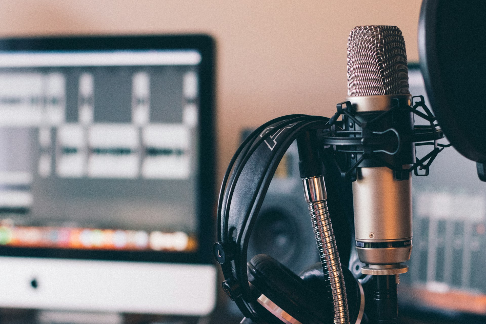 Podcast microphone in professional studio setting