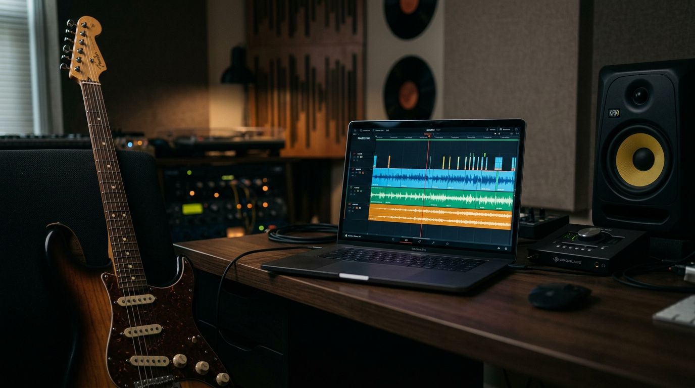 Laptop showing audio waveforms in an editing timeline, with a guitar leaning nearby