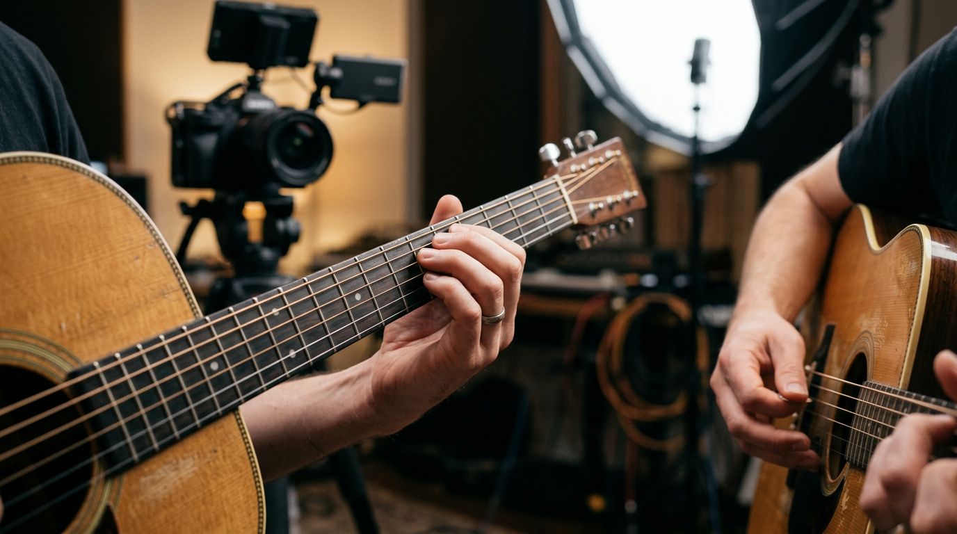 Close-up of hands playing chords on an acoustic guitar being filmed