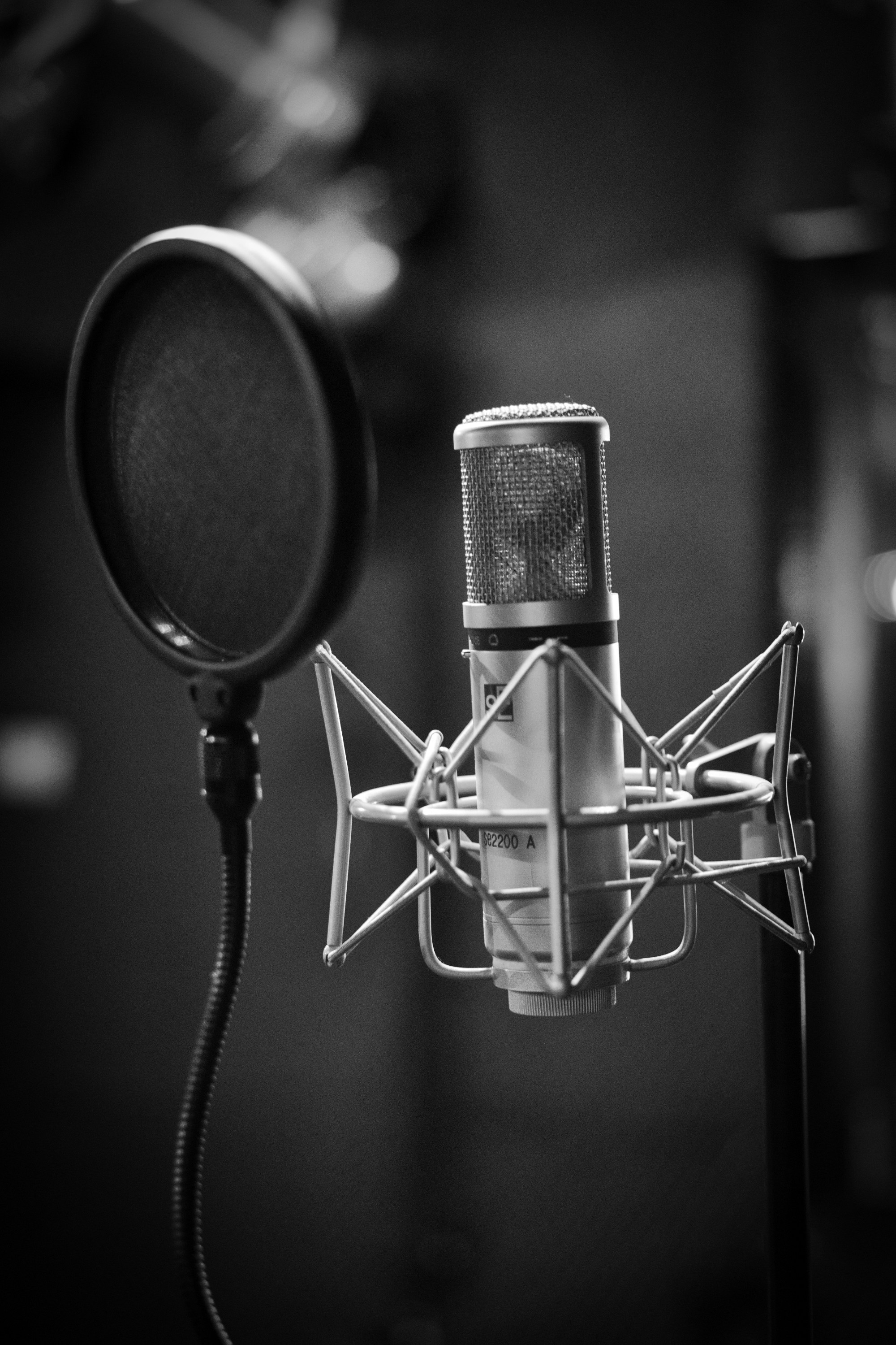 Grayscale condenser microphone with pop filter in recording studio