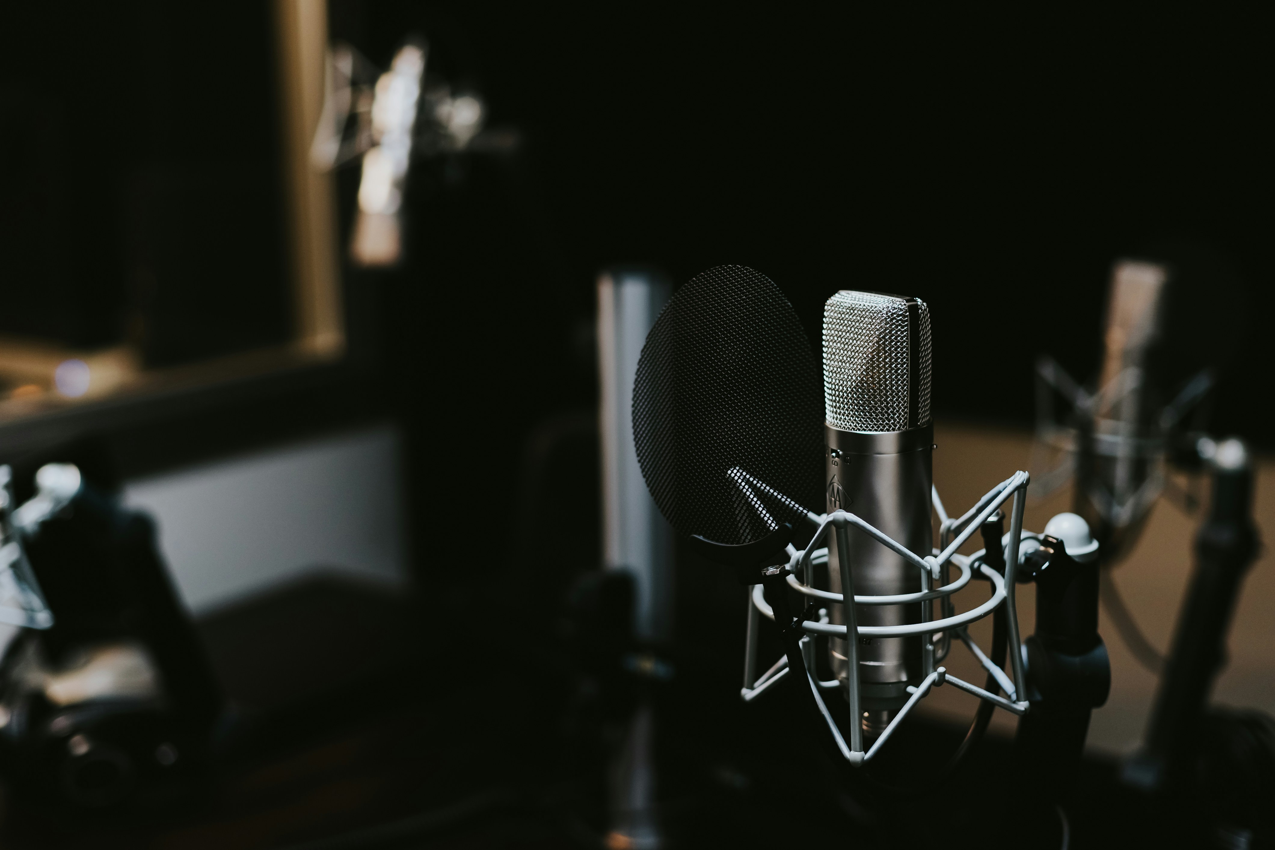 Macro photography of silver and black studio condenser microphone